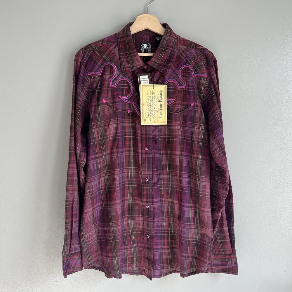 Sherry Cervi x Ru Plaid Snap Shirt Pockets Pink Purple Lightweight XL NWT